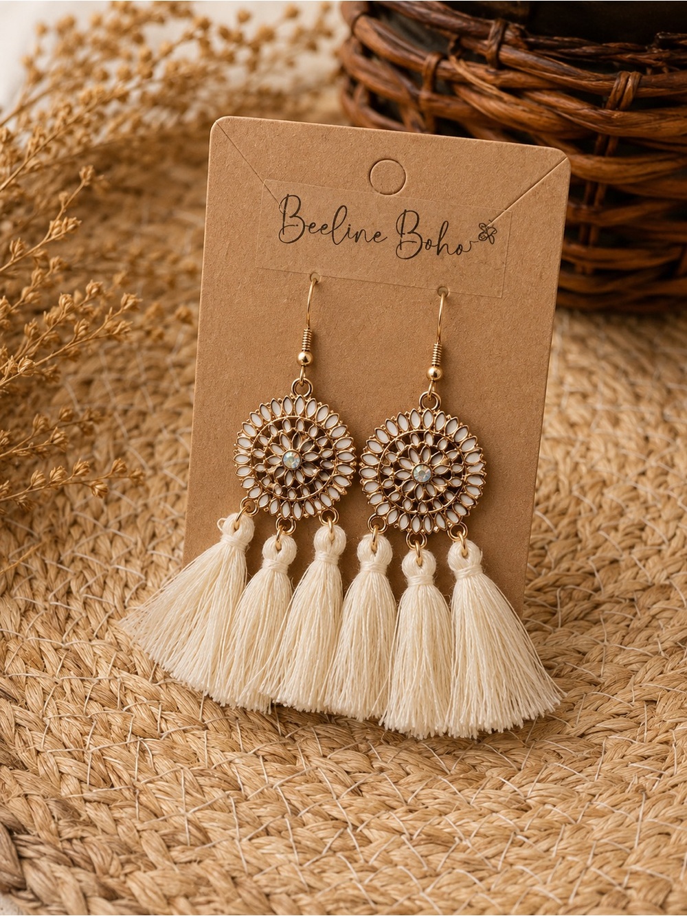 Curated Boho Tassel Earrings | Cream Fringe Dangle Earrings